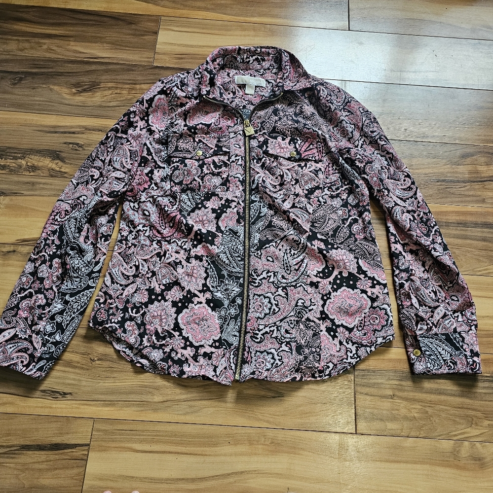 Michael Kors Paisley Black and Pink Zip up Blouse Small